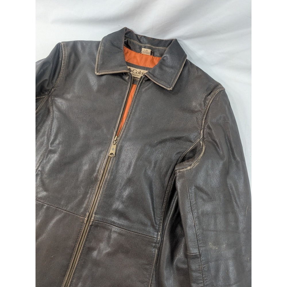 Vintage Columbia Heavy Leather Jacket  L Dark Brown Distressed 90S Y2K Zip Up